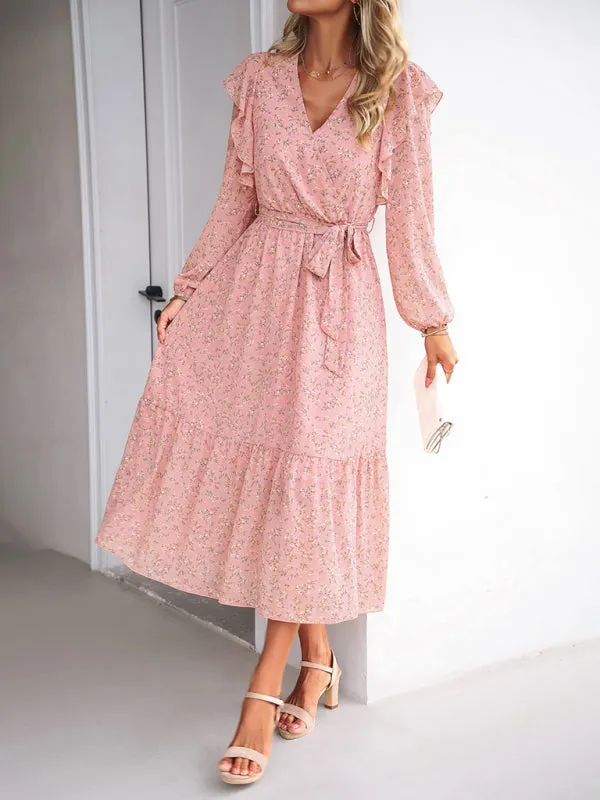 Floral V-neck Midi Dress with Ruffle Shoulders and Wrap Style