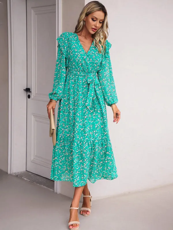 Floral V-neck Midi Dress with Ruffle Shoulders and Wrap Style