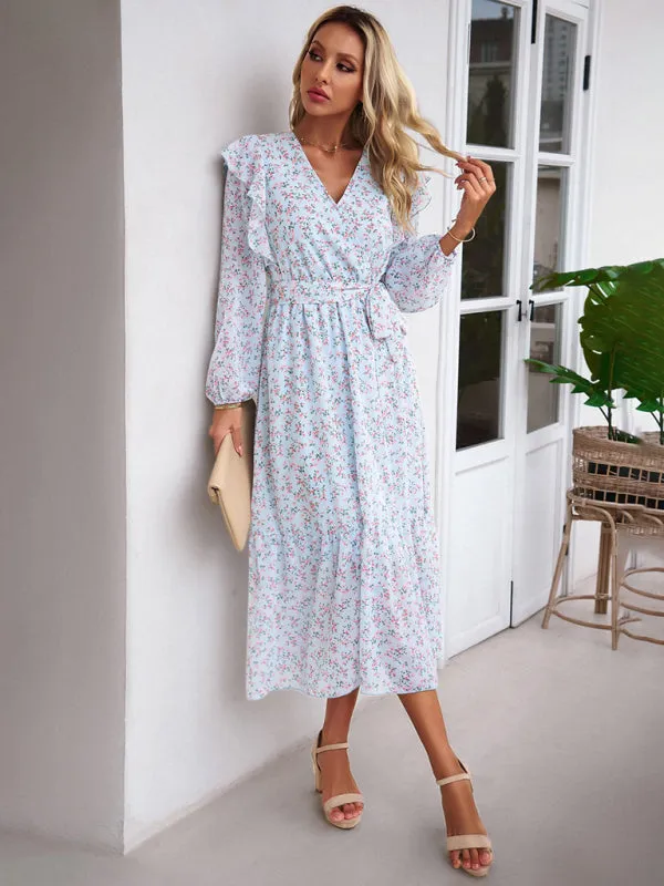 Floral V-neck Midi Dress with Ruffle Shoulders and Wrap Style