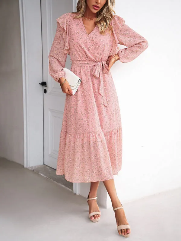 Floral V-neck Midi Dress with Ruffle Shoulders and Wrap Style