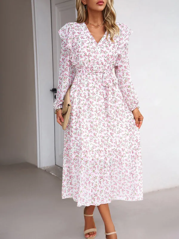 Floral V-neck Midi Dress with Ruffle Shoulders and Wrap Style