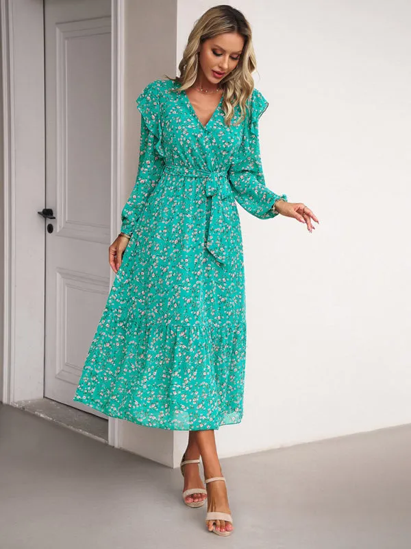 Floral V-neck Midi Dress with Ruffle Shoulders and Wrap Style