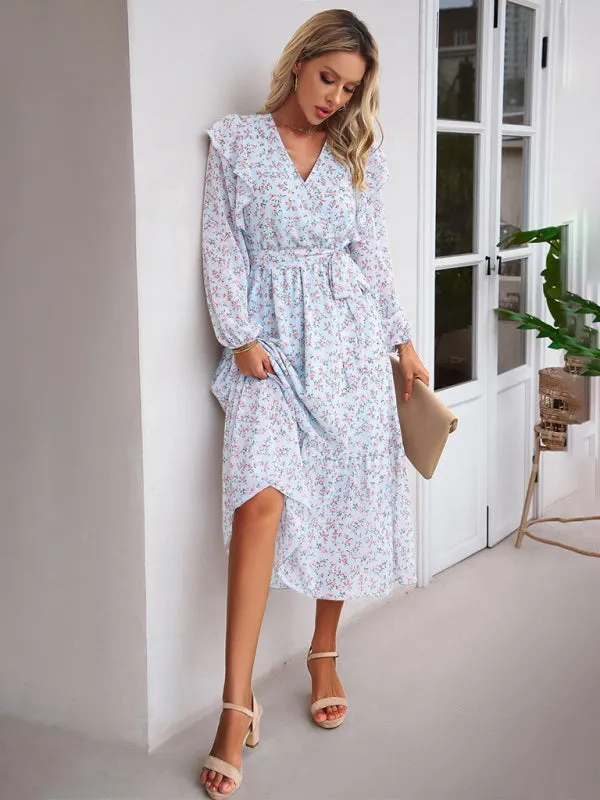 Floral V-neck Midi Dress with Ruffle Shoulders and Wrap Style