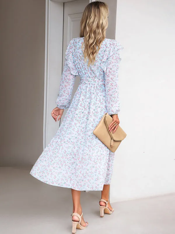 Floral V-neck Midi Dress with Ruffle Shoulders and Wrap Style
