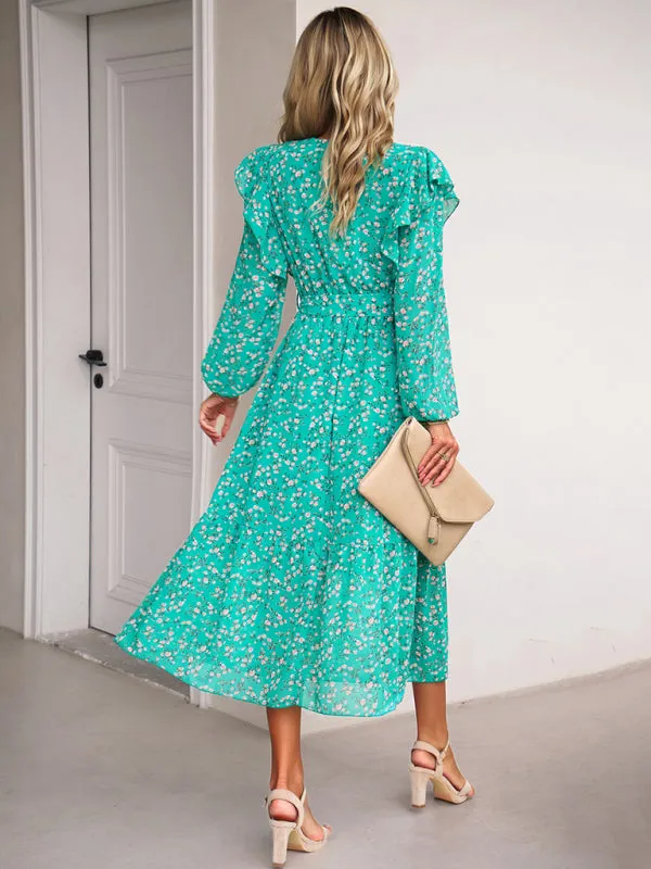 Floral V-neck Midi Dress with Ruffle Shoulders and Wrap Style