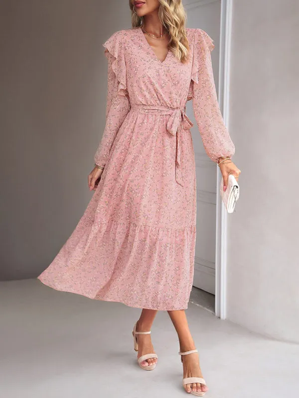 Floral V-neck Midi Dress with Ruffle Shoulders and Wrap Style