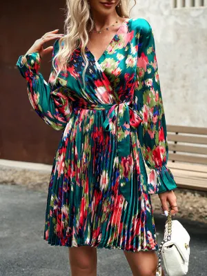 Floral Wrap Dress with Pleated Skirt and Self-Tie Waist