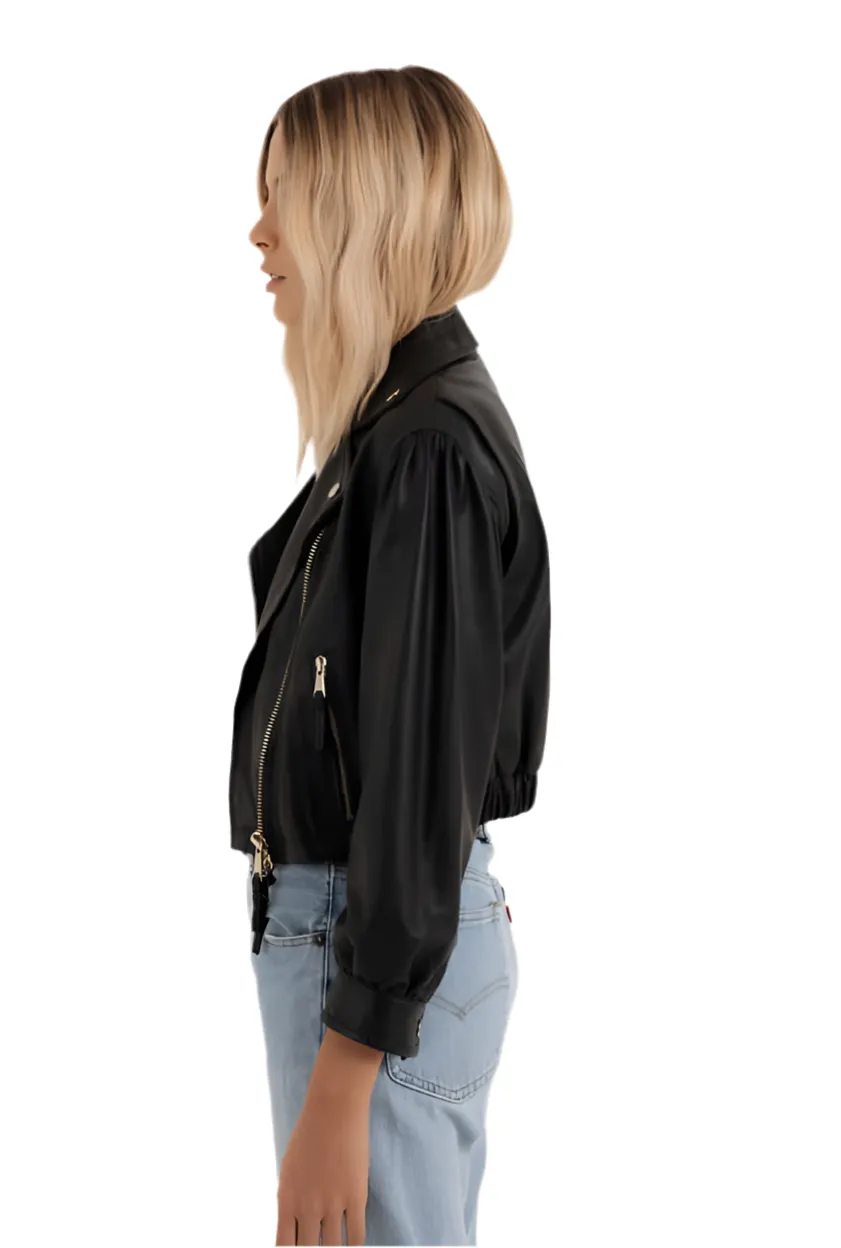 Genuine Leather Puff Sleeve Biker Jacket