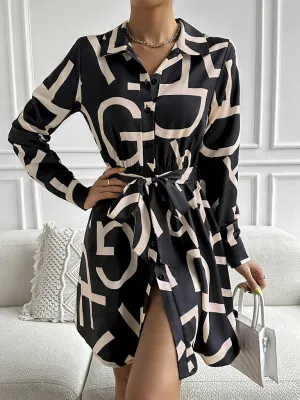 Geometric Print Shirt Dress with Belted Waist