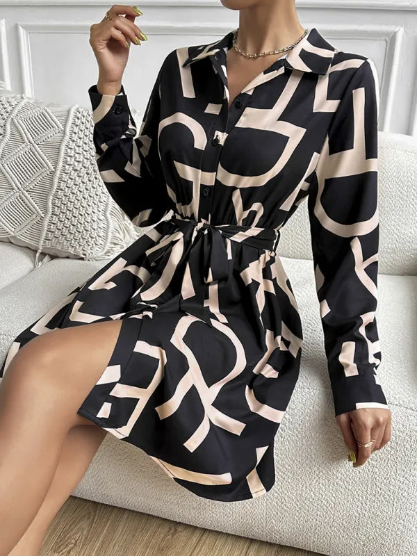 Geometric Print Shirt Dress with Belted Waist