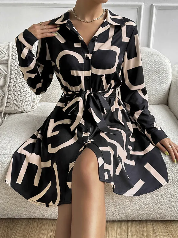 Geometric Print Shirt Dress with Belted Waist