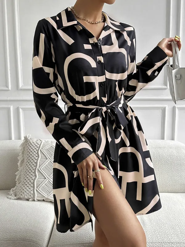 Geometric Print Shirt Dress with Belted Waist