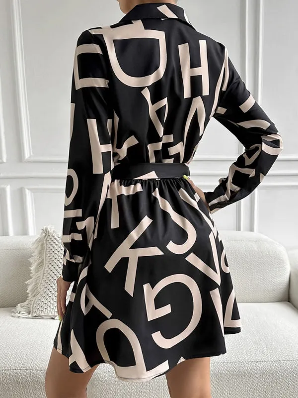 Geometric Print Shirt Dress with Belted Waist