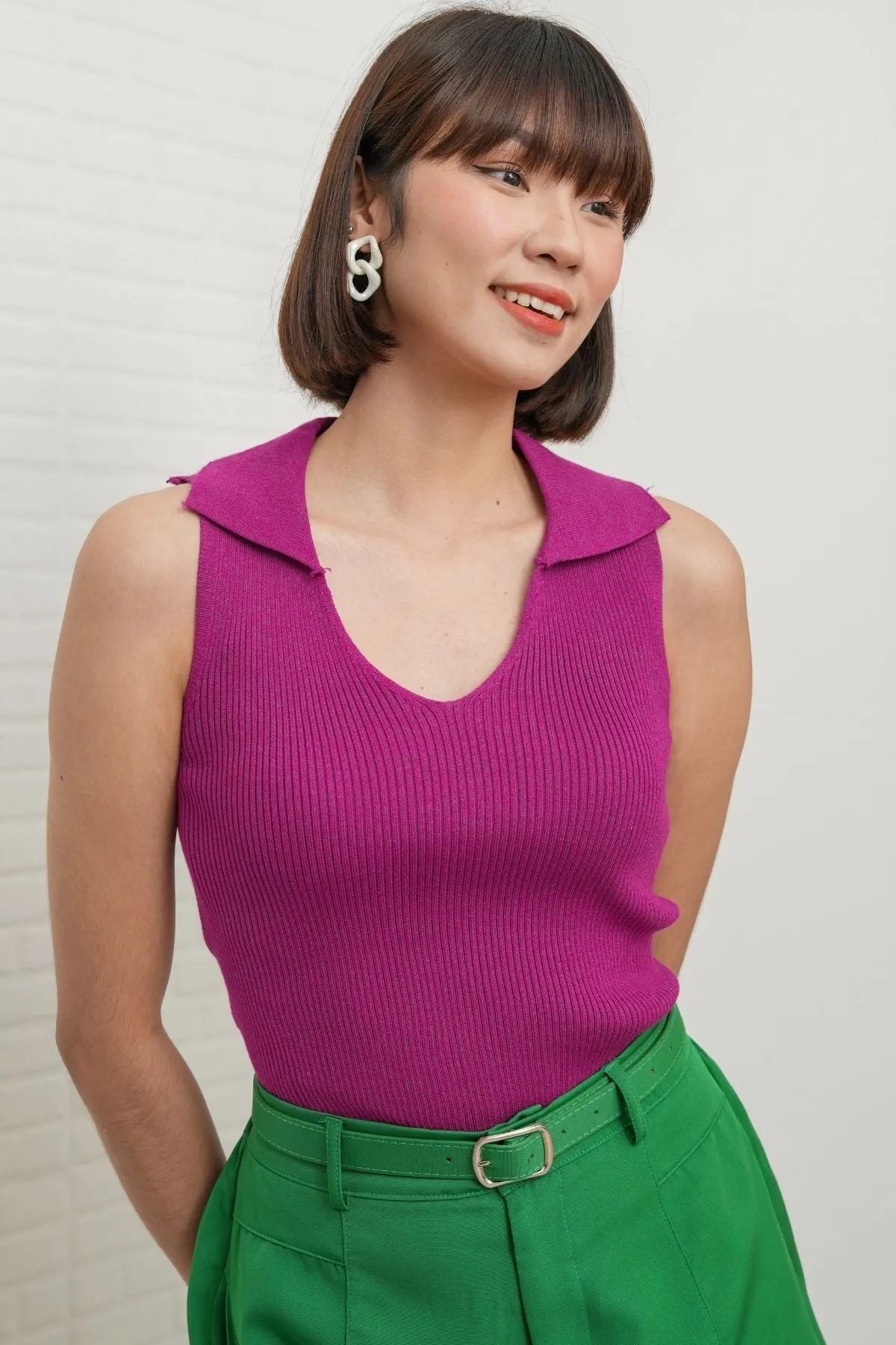 GIGI Sleeveless Collared Rib-Knit Top (Purple Violet)