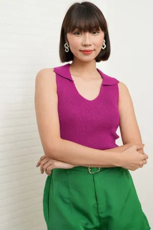 GIGI Sleeveless Collared Rib-Knit Top (Purple Violet)