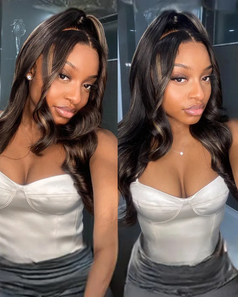 Golden Highlight Color Body Wave 13x4/6x5 Pre-Cut Wear Go Human Hair Wig Middle Part