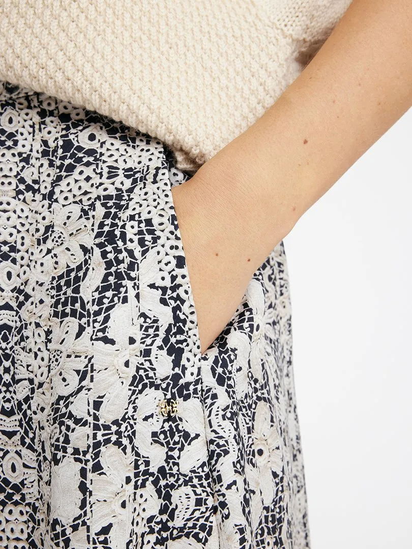 Gustav Mabell Black/Cream Lace Print Midi Skirt