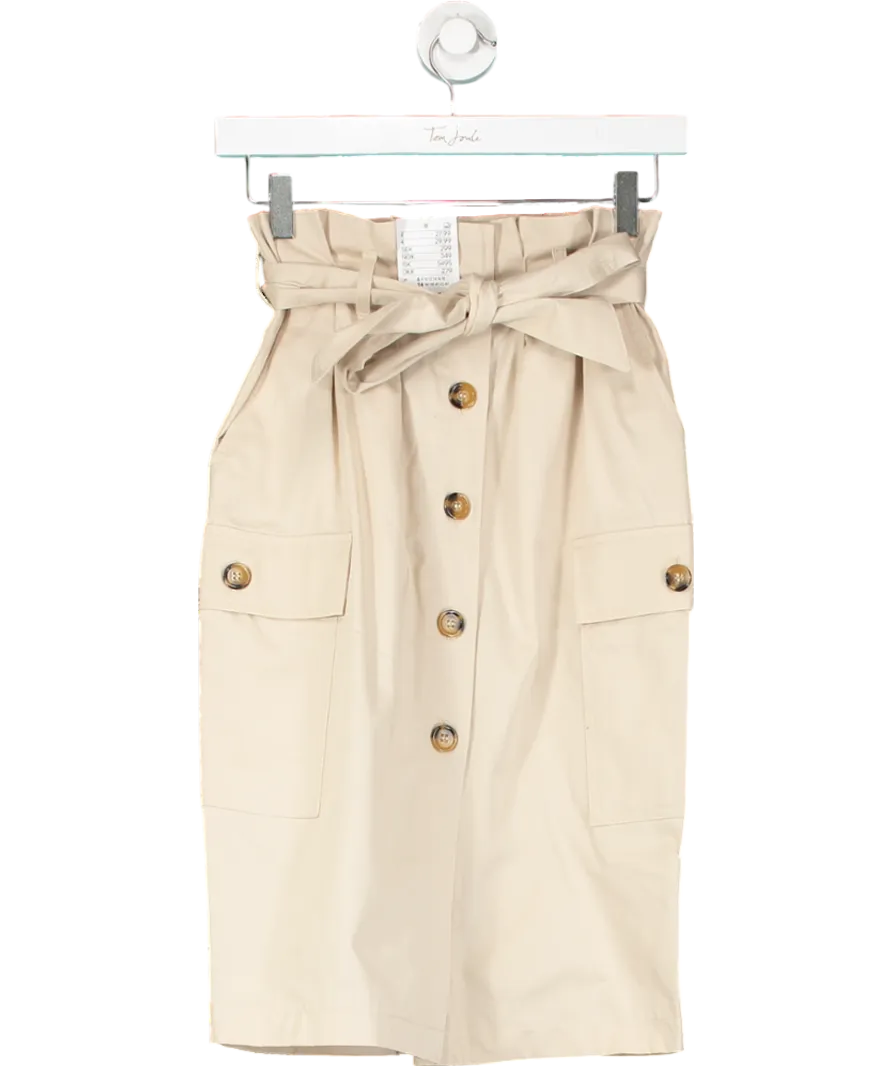 H&M Beige Cotton Paperbag Waist Midi Skirt With Pockets UK 6