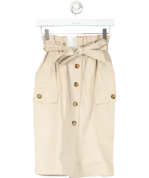 H&M Beige Cotton Paperbag Waist Midi Skirt With Pockets UK 6