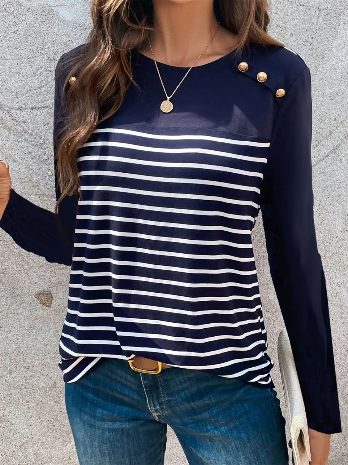 Harbor Decorative Button Striped Round Neck Long Sleeve Top