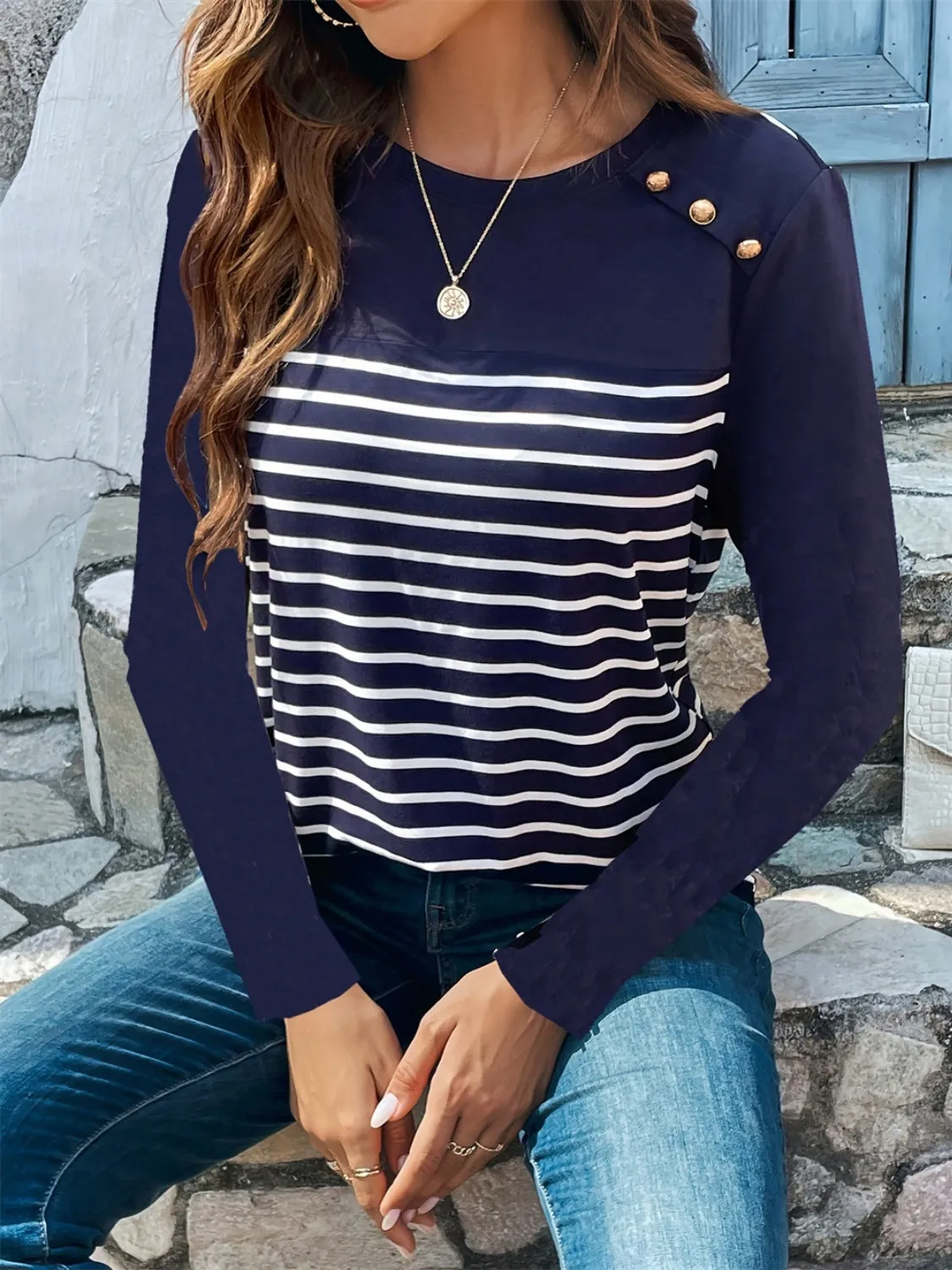 Harbor Decorative Button Striped Round Neck Long Sleeve Top