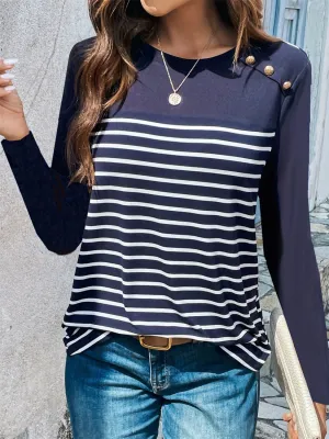 Harbor Decorative Button Striped Round Neck Long Sleeve Top