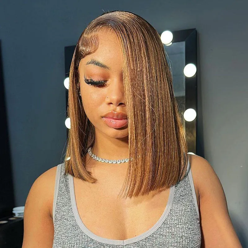 Honey Blonde Highlights Colored Straight Short Bob 13x4 Lace Front Human Hair Wig