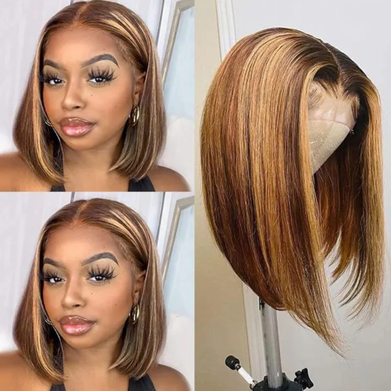 Honey Blonde Highlights Colored Straight Short Bob 13x4 Lace Front Human Hair Wig
