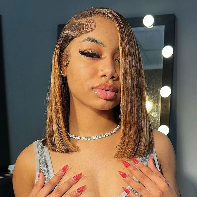 Honey Blonde Highlights Colored Straight Short Bob 13x4 Lace Front Human Hair Wig