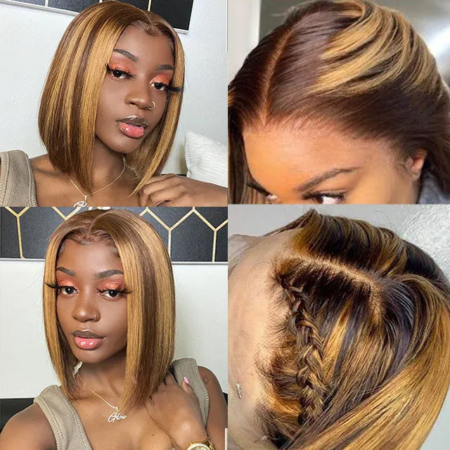 Honey Blonde Highlights Colored Straight Short Bob 13x4 Lace Front Human Hair Wig