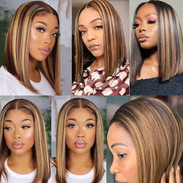 Honey Blonde Highlights Colored Straight Short Bob 13x4 Lace Front Human Hair Wig