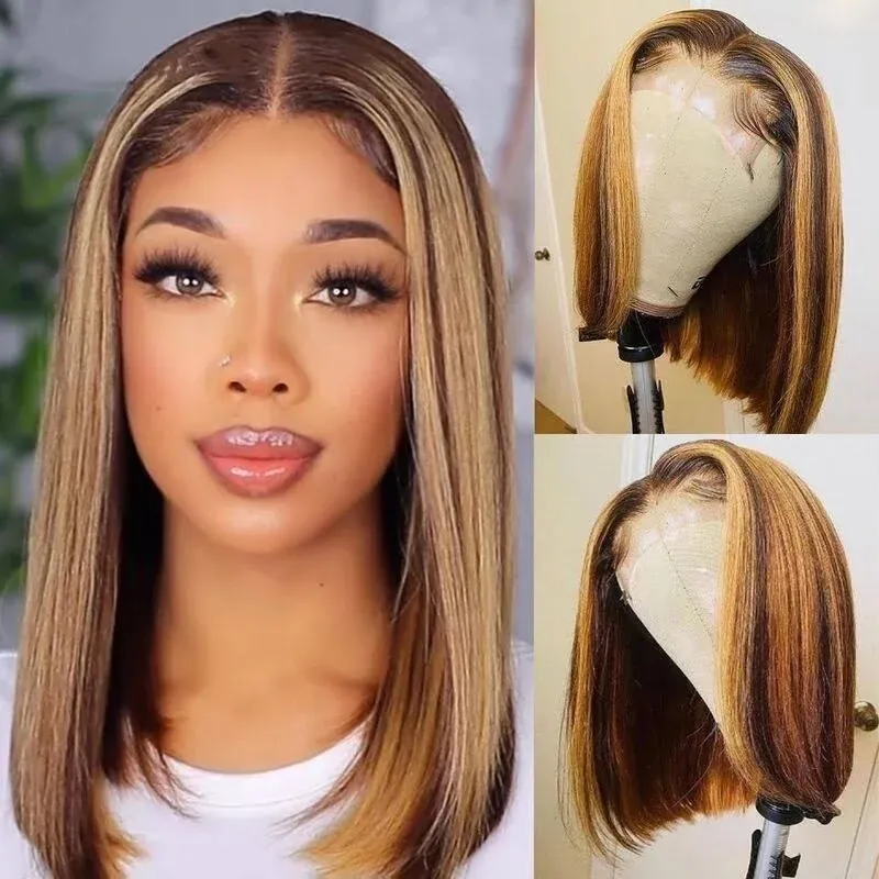 Honey Blonde Highlights Colored Straight Short Bob 13x4 Lace Front Human Hair Wig
