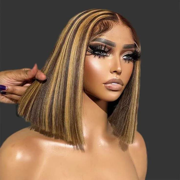 Honey Blonde Highlights Colored Straight Short Bob 13x4 Lace Front Human Hair Wig