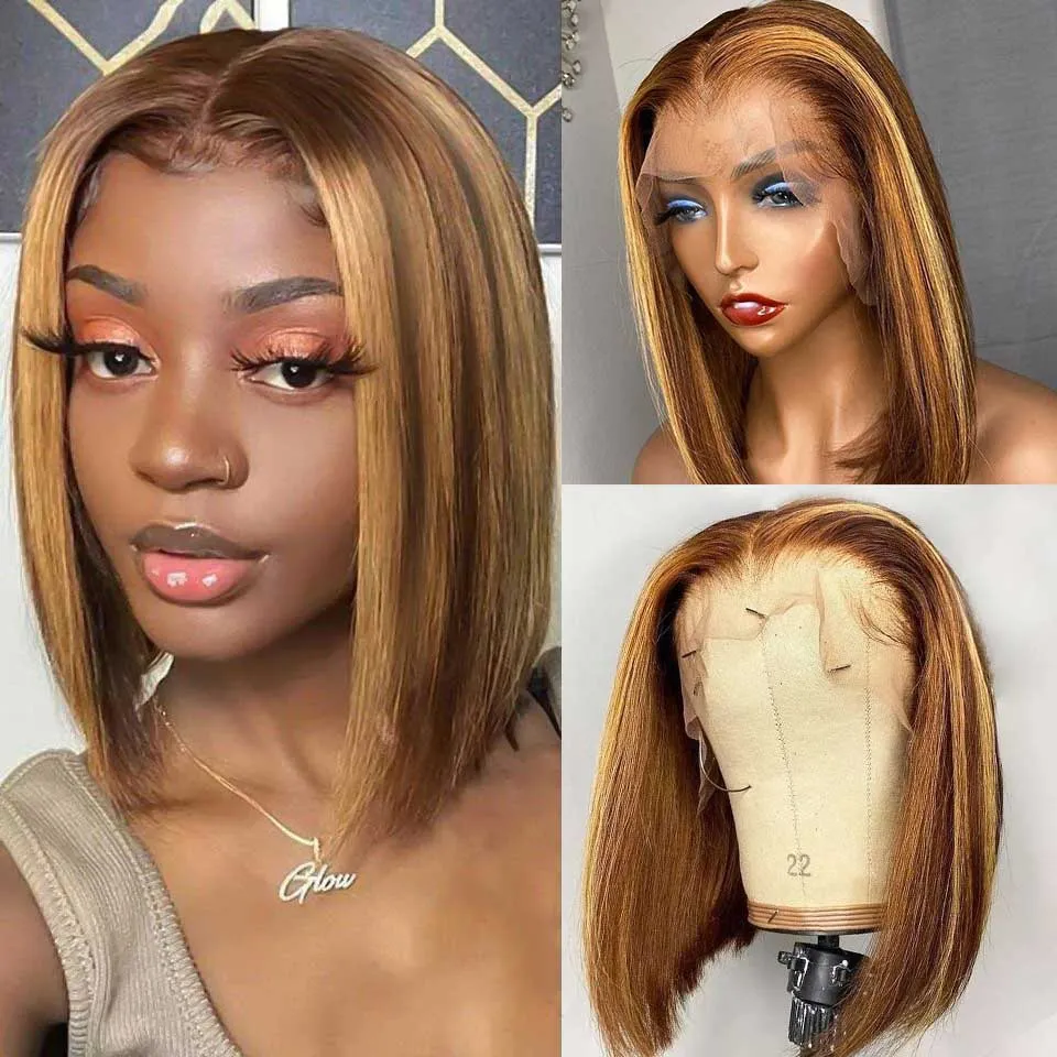 Honey Blonde Highlights Colored Straight Short Bob 13x4 Lace Front Human Hair Wig