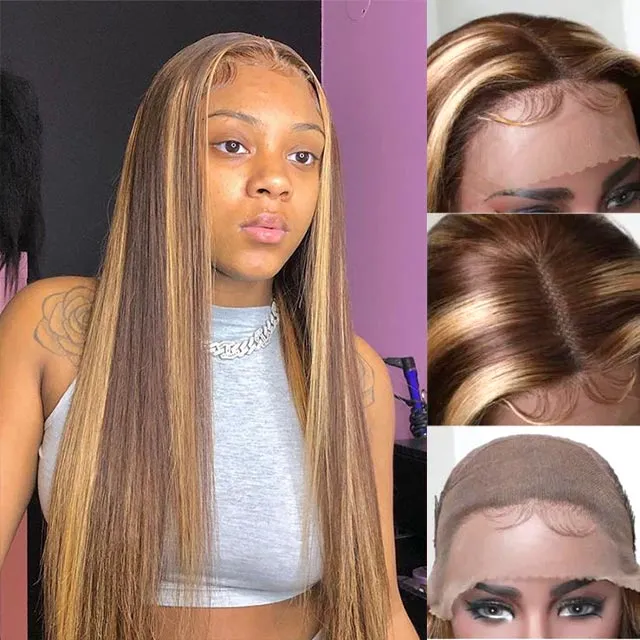 Honey Blonde with Piano Highlights Colored Straight 13x4 Lace Front Human Hair Wig