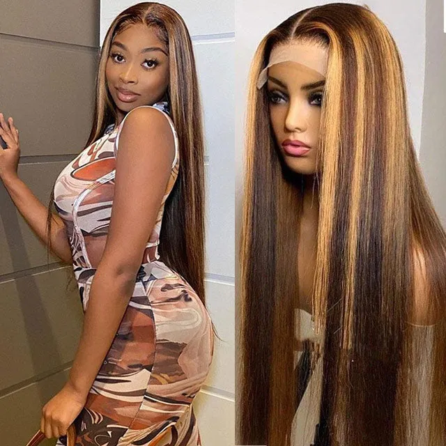 Honey Blonde with Piano Highlights Colored Straight 13x4 Lace Front Human Hair Wig