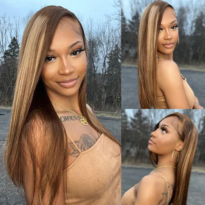 Honey Blonde with Piano Highlights Colored Straight 13x4 Lace Front Human Hair Wig