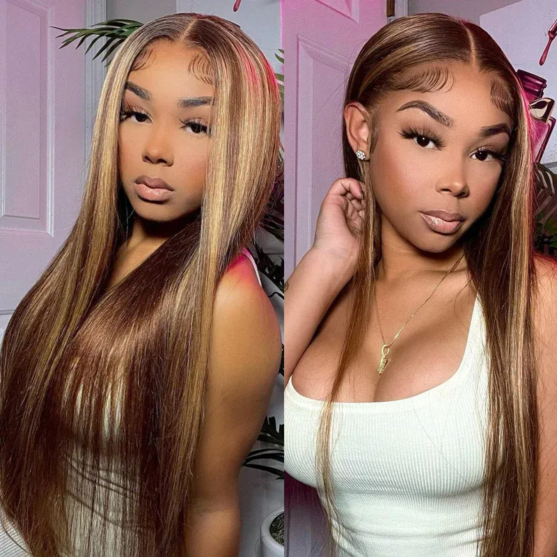 Honey Blonde with Piano Highlights Colored Straight 13x4 Lace Front Human Hair Wig