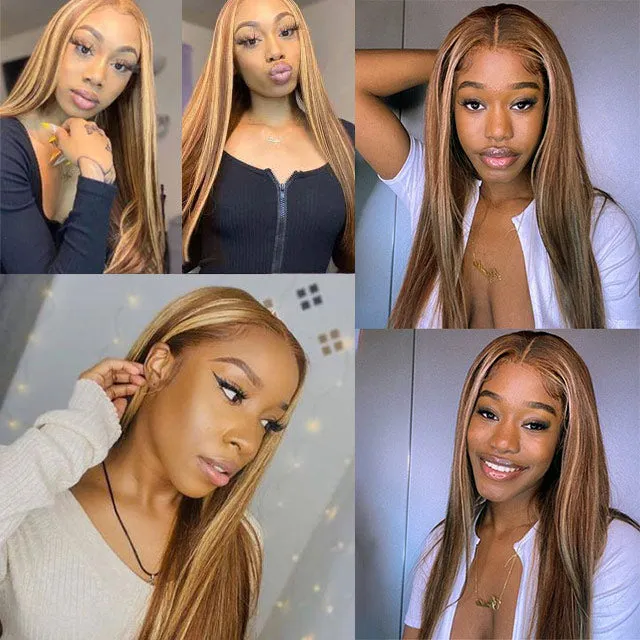 Honey Blonde with Piano Highlights Colored Straight 13x4 Lace Front Human Hair Wig