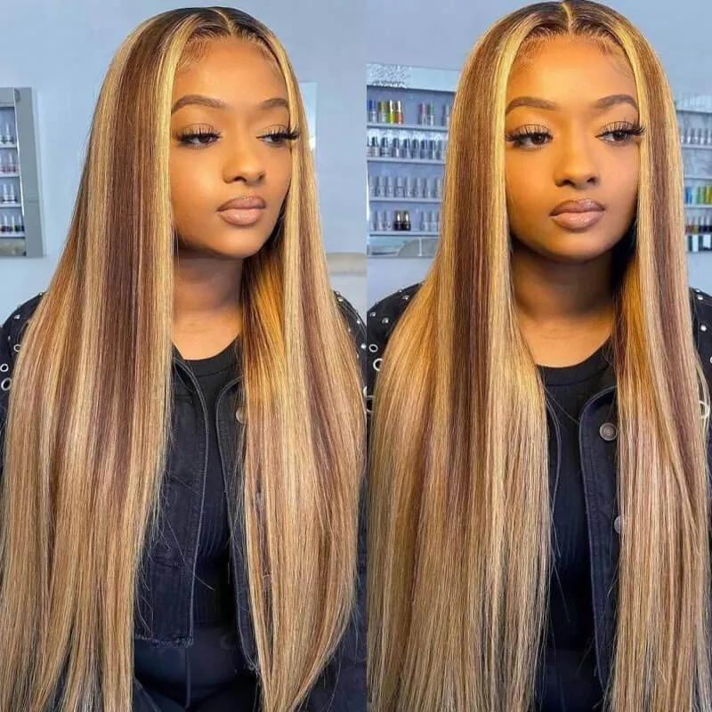 Honey Blonde with Piano Highlights Colored Straight 13x4 Lace Front Human Hair Wig