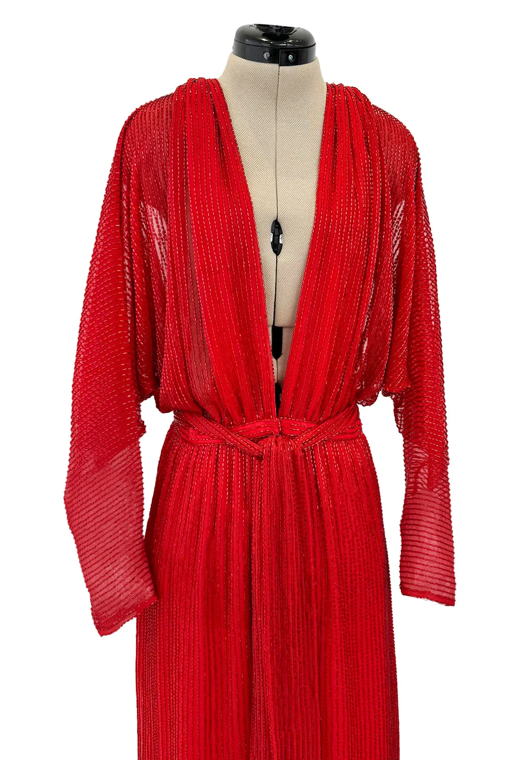 Iconic Resort 1980 Runway Fully Hand Beaded on Red Silk Chiffon Halston w Plunge Front