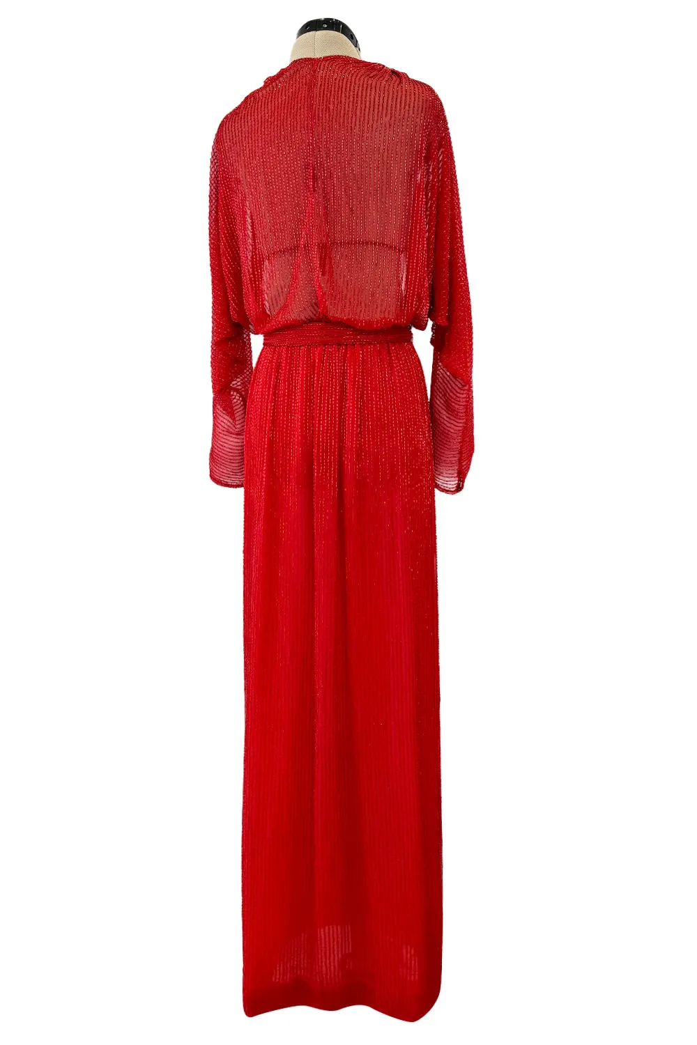Iconic Resort 1980 Runway Fully Hand Beaded on Red Silk Chiffon Halston w Plunge Front