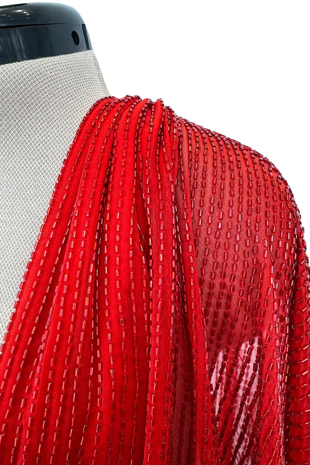 Iconic Resort 1980 Runway Fully Hand Beaded on Red Silk Chiffon Halston w Plunge Front