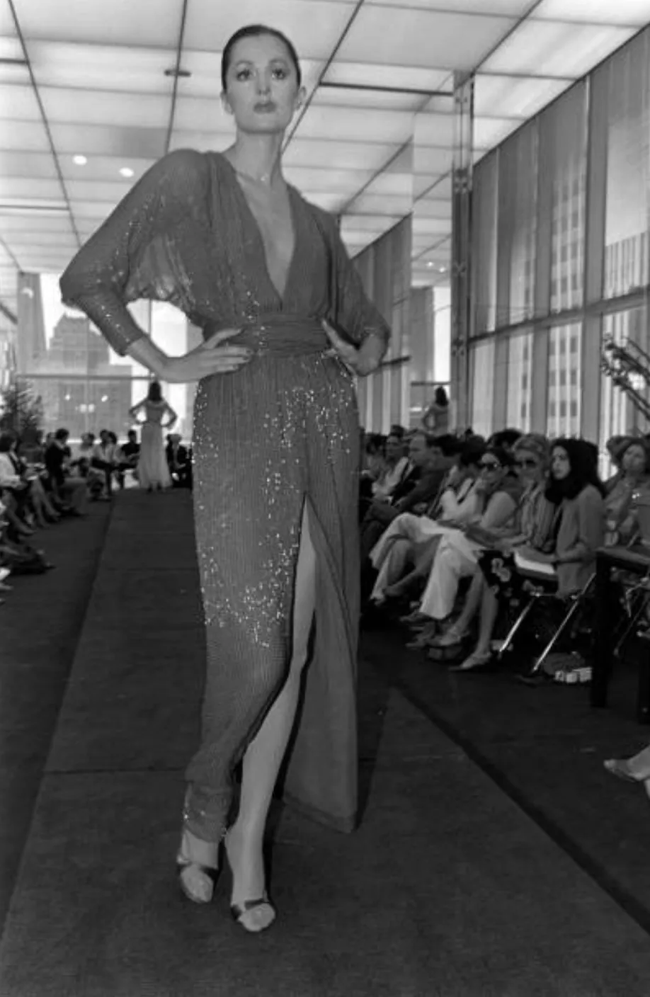 Iconic Resort 1980 Runway Fully Hand Beaded on Red Silk Chiffon Halston w Plunge Front