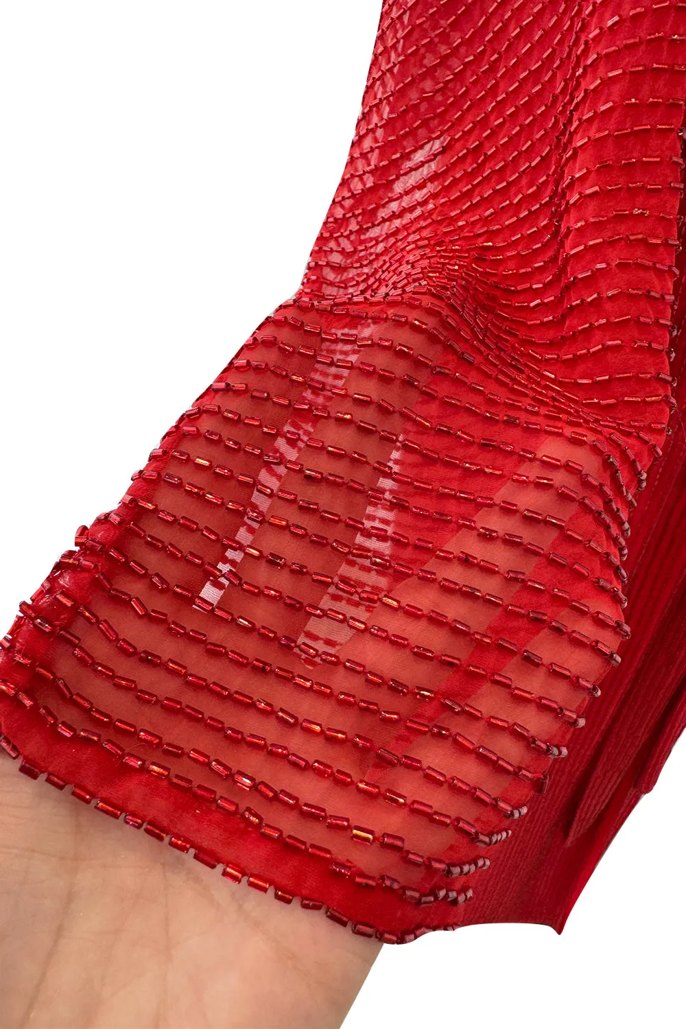 Iconic Resort 1980 Runway Fully Hand Beaded on Red Silk Chiffon Halston w Plunge Front