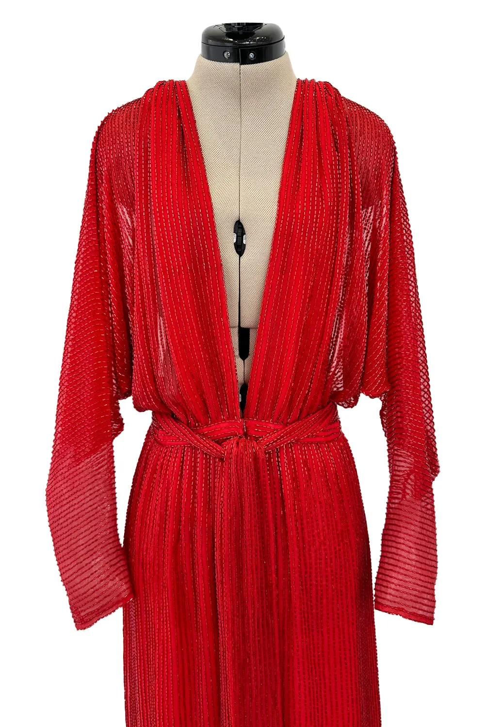 Iconic Resort 1980 Runway Fully Hand Beaded on Red Silk Chiffon Halston w Plunge Front