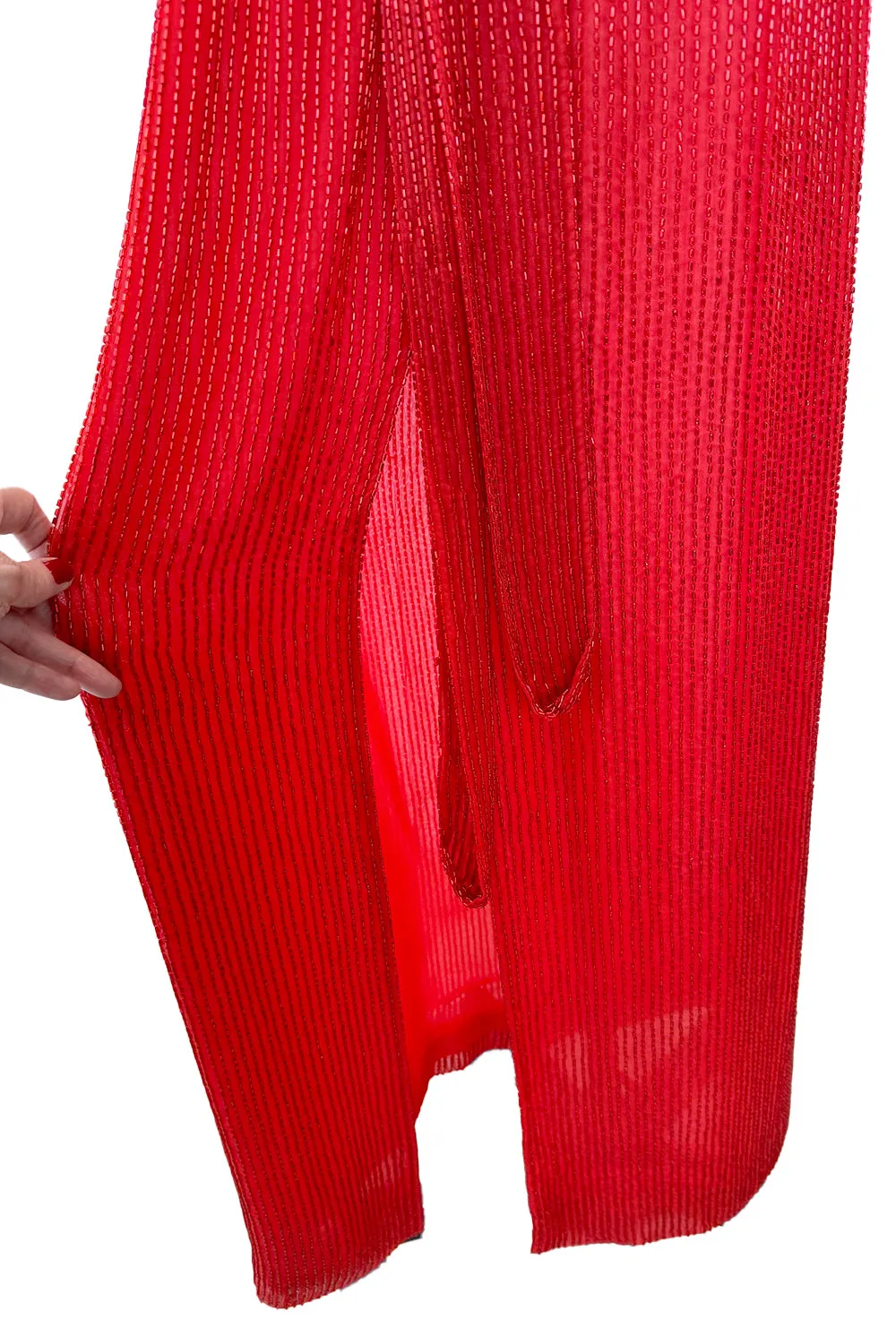 Iconic Resort 1980 Runway Fully Hand Beaded on Red Silk Chiffon Halston w Plunge Front