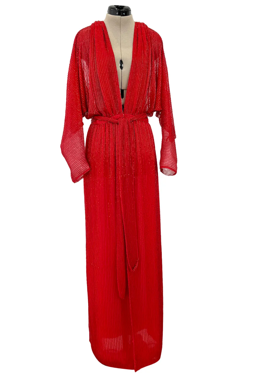 Iconic Resort 1980 Runway Fully Hand Beaded on Red Silk Chiffon Halston w Plunge Front