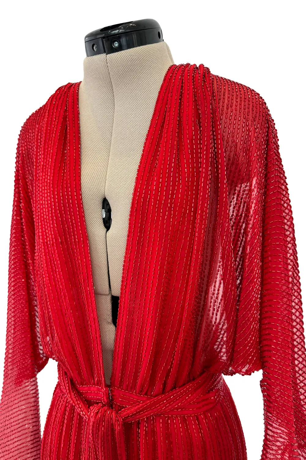 Iconic Resort 1980 Runway Fully Hand Beaded on Red Silk Chiffon Halston w Plunge Front