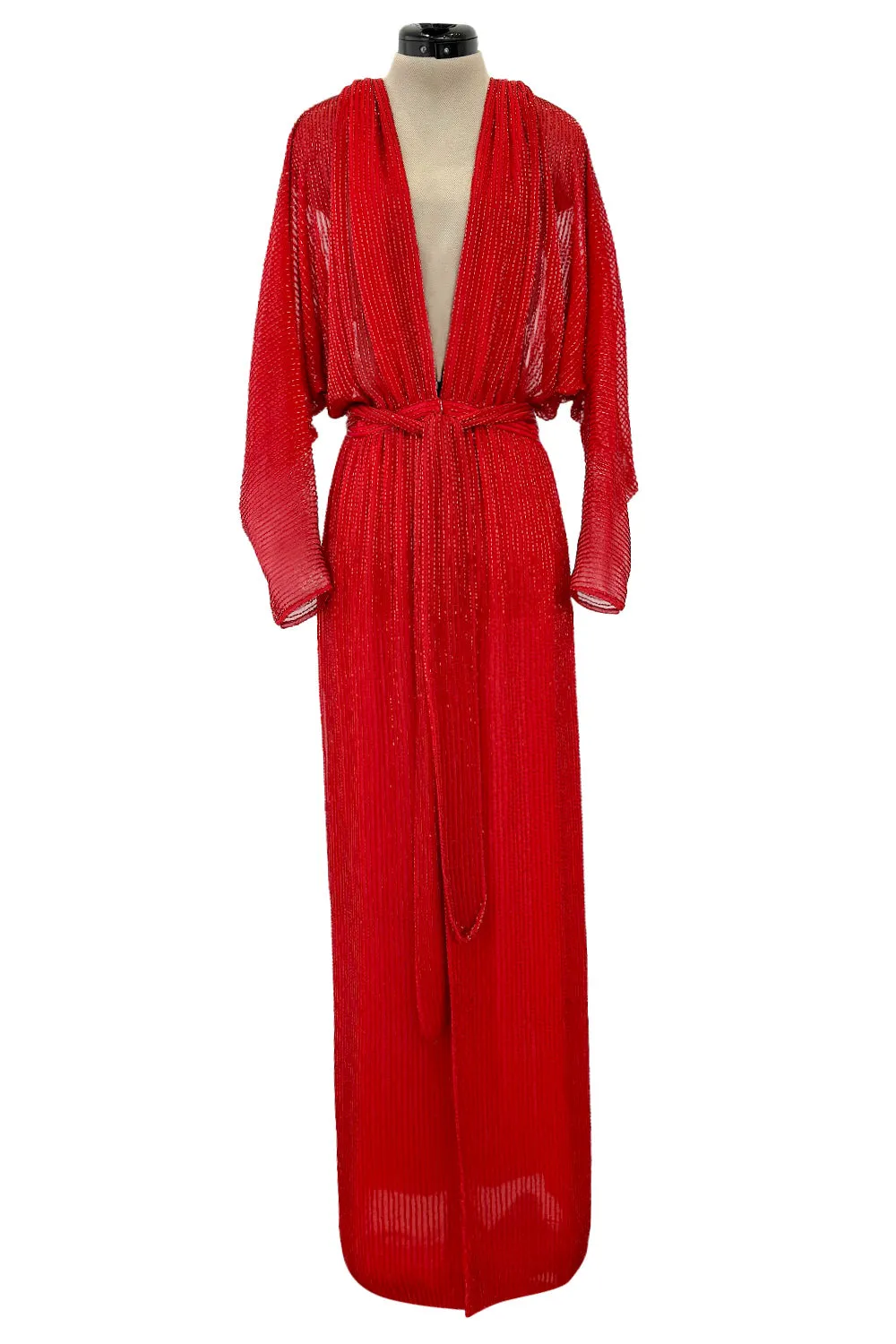 Iconic Resort 1980 Runway Fully Hand Beaded on Red Silk Chiffon Halston w Plunge Front